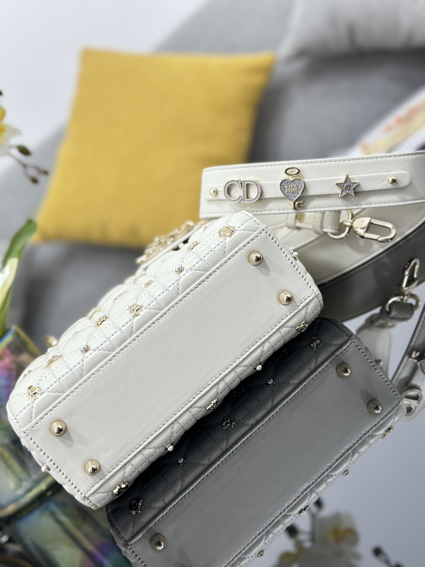 Small Lady Dior Bag White Lambskin with Star Sign Nail